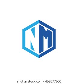 Initial letters NM negative space hexagon shape logo blue
