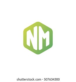Initial letters NM rounded hexagon shape green simple modern logo