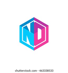 Initial letters NO hexagon box shape logo blue pink purple