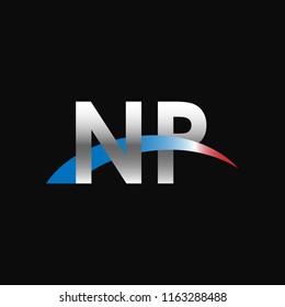 Initial letters NP overlapping movement swoosh logo, metal silver blue red color on black background