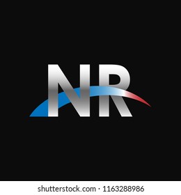 Initial letters NR overlapping movement swoosh logo, metal silver blue red color on black background