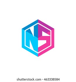 Initial letters NS hexagon box shape logo blue pink purple