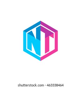 Initial letters NT hexagon box shape logo blue pink purple