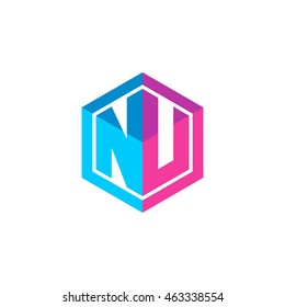 Initial letters NU hexagon box shape logo blue pink purple