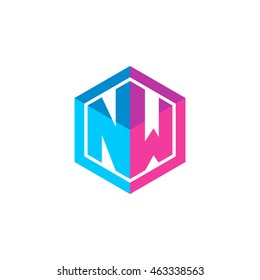 Initial letters NW hexagon box shape logo blue pink purple