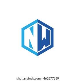 Initial letters NW negative space hexagon shape logo blue