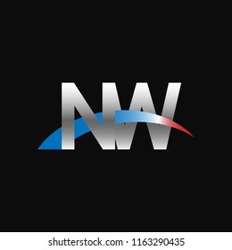 Initial letters NW overlapping movement swoosh logo, metal silver blue red color on black background