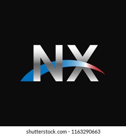 Initial letters NX overlapping movement swoosh logo, metal silver blue red color on black background