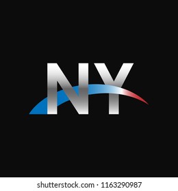 Initial letters NY overlapping movement swoosh logo, metal silver blue red color on black background
