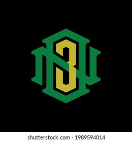 Initial letters O, N, 3, ON3 or 3ON overlapping, interlocked monogram logo, green and yellow color on black background