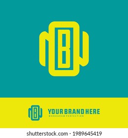 Initial letters O, N, B, ONB or BON overlapping, interlocked monogram logo, yellow color on tosca background
