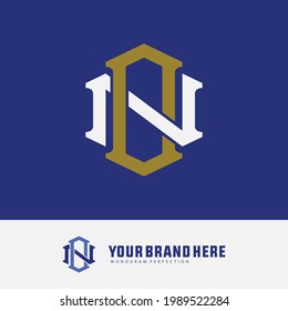 Initial letters O, N, ON or NO overlapping, interlocked monogram logo, gold and white color on blue background