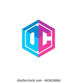 Initial letters OC hexagon box shape logo blue pink purple
