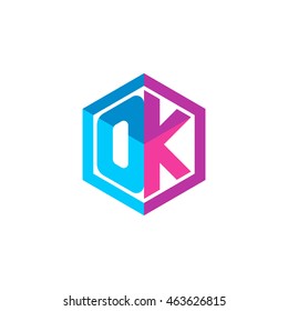 Initial letters OK hexagon box shape logo blue pink purple