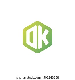 Initial letters OK rounded hexagon shape green simple modern logo