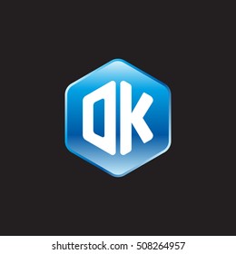 Initial letters OK rounded hexagon shape blue modern logo