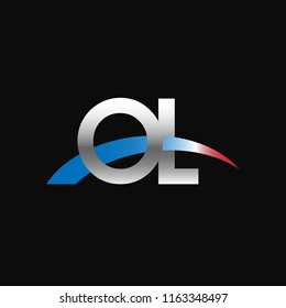 Initial letters OL overlapping movement swoosh logo, metal silver blue red color on black background