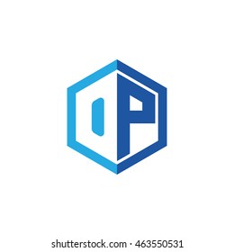 Initial letters OP negative space hexagon shape logo blue