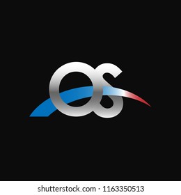 Initial letters OS overlapping movement swoosh logo, metal silver blue red color on black background