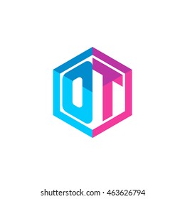 Initial letters OT hexagon box shape logo blue pink purple
