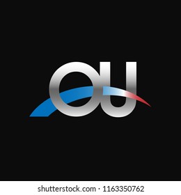 Initial letters OU overlapping movement swoosh logo, metal silver blue red color on black background