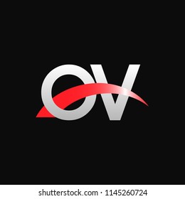 Initial letters OV overlapping movement swoosh logo, metal silver red color on black blackground