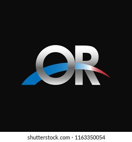 Initial letters OR overlapping movement swoosh logo, metal silver blue red color on black background