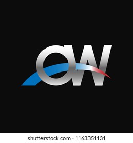 Initial letters OW overlapping movement swoosh logo, metal silver blue red color on black background