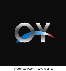 Initial letters OY overlapping movement swoosh logo, metal silver blue red color on black background