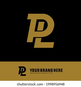 Initial letters P, L, PL or LP overlapping, interlocked monogram logo, gold color on black background