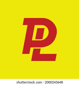 Initial letters P, L, PL or LP overlapping, interlocked monogram logo, red color on yellow background