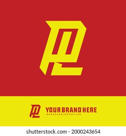 Initial letters P, L, PL or LP overlapping, interlocked monogram logo, yellow color on red background