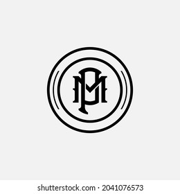 Initial letters P, M, PM or MP overlapping, interlocked monogram logo, black color on white background