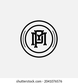 Initial letters P, M, PM or MP overlapping, interlocked monogram logo, black color on white background