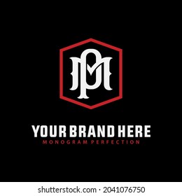 Initial letters P, M, PM or MP overlapping, interlocked monogram logo, white and red color on black background