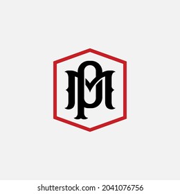 Initial letters P, M, PM or MP overlapping, interlocked monogram logo, black and red color on white background