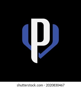 Initial letters P, V, PV or VP overlapping, interlocked monogram logo, white and blue color on black background