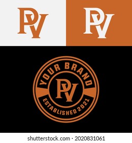 Initial letters P, V, PV or VP overlapping, interlocked monogram logo, black, white and orange color