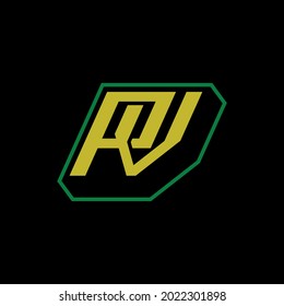 Initial letters P, V, PV or VP overlapping, interlocked monogram logo, yellow and green color on black background