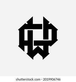 Letras iniciales P, W, PW o WP superpuestas, logotipo de monograma interbloqueado, color negro sobre fondo blanco