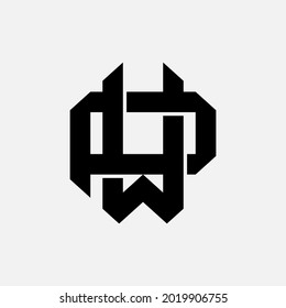 Letras iniciales P, W, PW o WP superpuestas, logotipo de monograma interbloqueado, color negro sobre fondo blanco