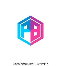 Initial letters PB hexagon box shape logo blue pink purple