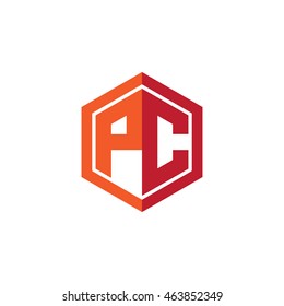 Initial letters PC hexagon shape logo red orange