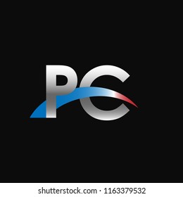 Initial letters PC overlapping movement swoosh logo, metal silver blue red color on black background
