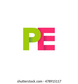 Initial letters PE overlapping fold logo green magenta