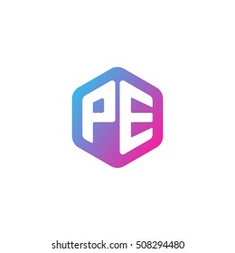 Initial letters PE rounded hexagon shape blue pink purple simple modern logo