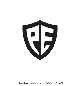 Initial letters PE shield shape black monogram logo