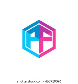 Initial letters PF hexagon box shape logo blue pink purple