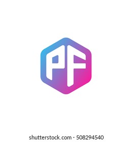 Initial letters PF rounded hexagon shape blue pink purple simple modern logo