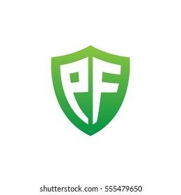 Initial letters PF shield shape green simple logo